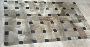 Handmade 3FT x 5FT Cowhide Patchwork Rug – Natural Leather in Golden, Beige & Brown