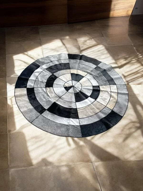 Black, White & Silver Cowhide Round Patchwork Rug – 50” Handmade Leather - Image 3