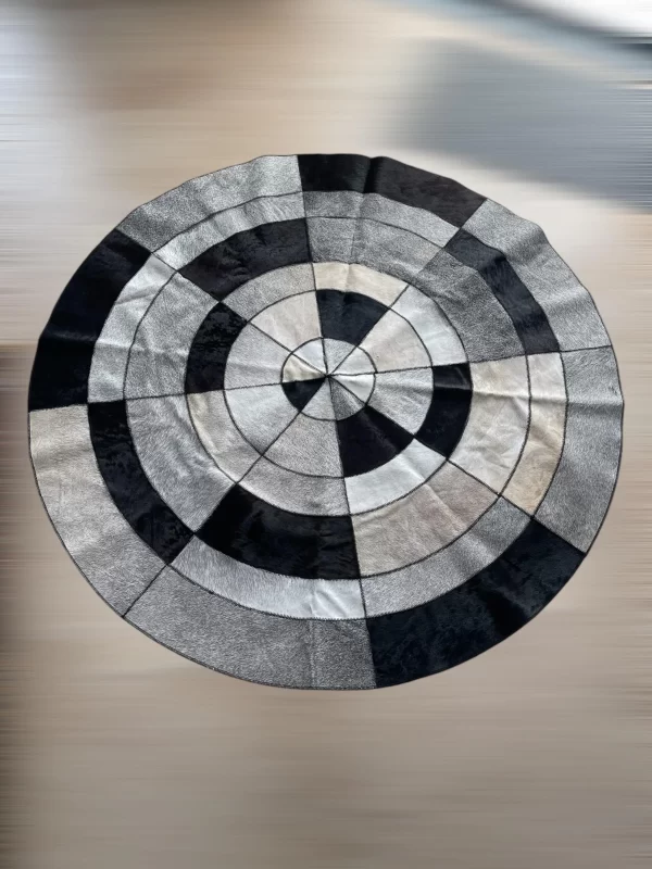 Black, White & Silver Cowhide Round Patchwork Rug – 50” Handmade Leather