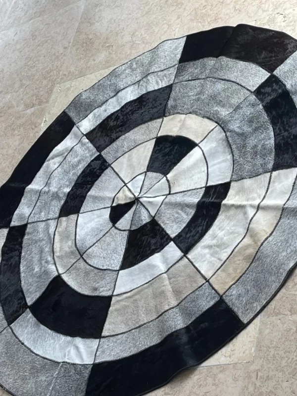 Black, White & Silver Cowhide Round Patchwork Rug – 50” Handmade Leather - Image 7