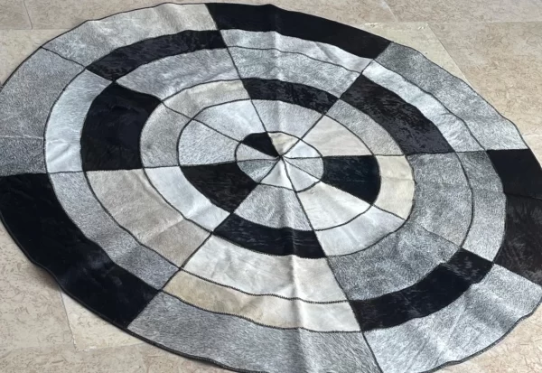Black, White & Silver Cowhide Round Patchwork Rug – 50” Handmade Leather - Image 9