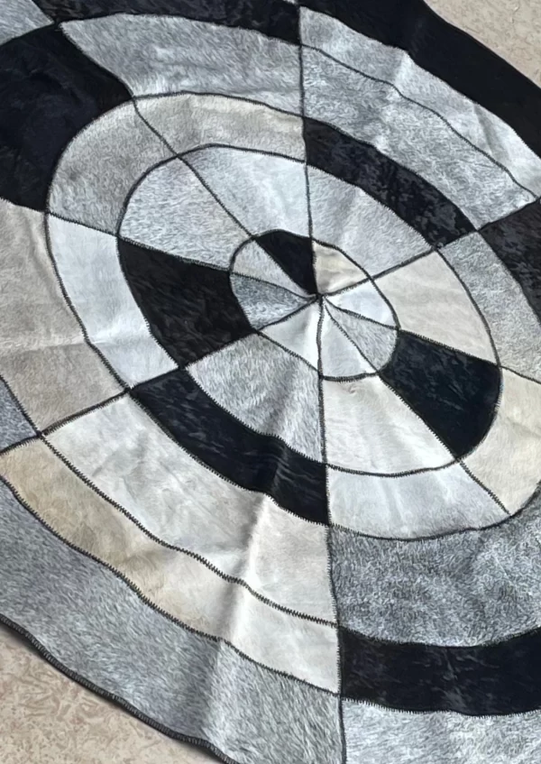 Black, White & Silver Cowhide Round Patchwork Rug – 50” Handmade Leather - Image 8