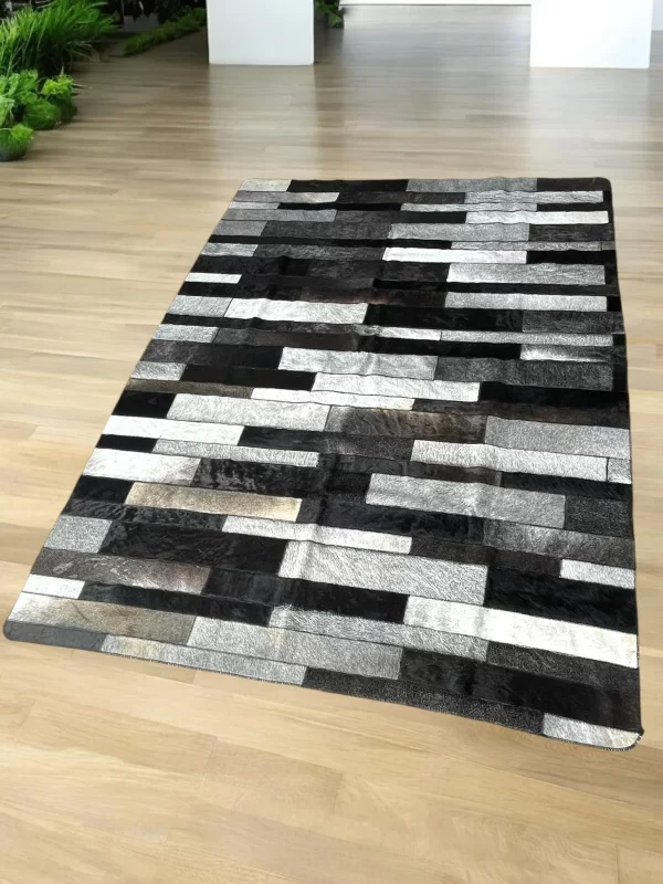 Handmade 10FT x 6FT Leather Stripe Patchwork Rug – Genuine Cowhide in Gray & Silver - Image 5