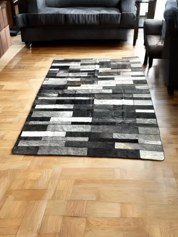 Handmade 10FT x 6FT Leather Stripe Patchwork Rug – Genuine Cowhide in Gray & Silver - Image 4