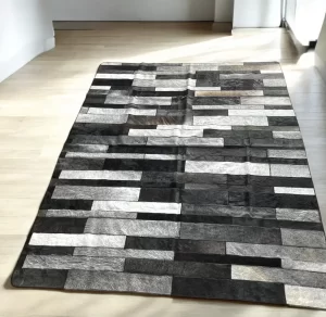 Handmade 10FT x 6FT Leather Stripe Patchwork Rug – Genuine Cowhide in Gray & Silver