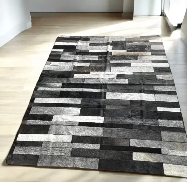 Handmade 10FT x 6FT Leather Stripe Patchwork Rug – Genuine Cowhide in Gray & Silver