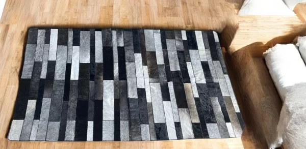 Handmade 10FT x 6FT Leather Stripe Patchwork Rug – Genuine Cowhide in Gray & Silver - Image 3