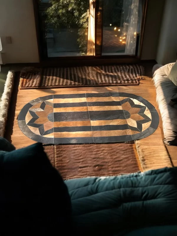 Brown & Black Cowhide Patchwork Rug – 6FT x 3FT Handmade Leather Carpet - Image 6