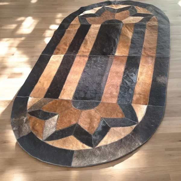 Brown & Black Cowhide Patchwork Rug – 6FT x 3FT Handmade Leather Carpet