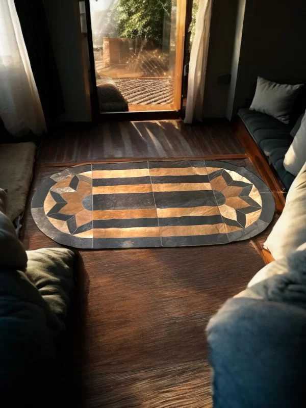 Brown & Black Cowhide Patchwork Rug – 6FT x 3FT Handmade Leather Carpet - Image 3