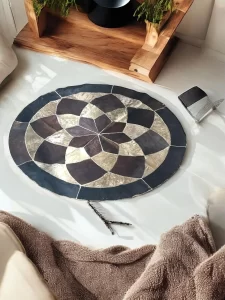 Handcrafted 5FT Round Egyptian Cowhide Patchwork Rug
