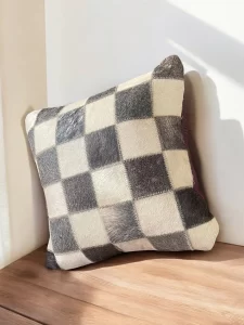 Handmade 17" Square Pillow Cover Cowhide Checkerboard Cushion