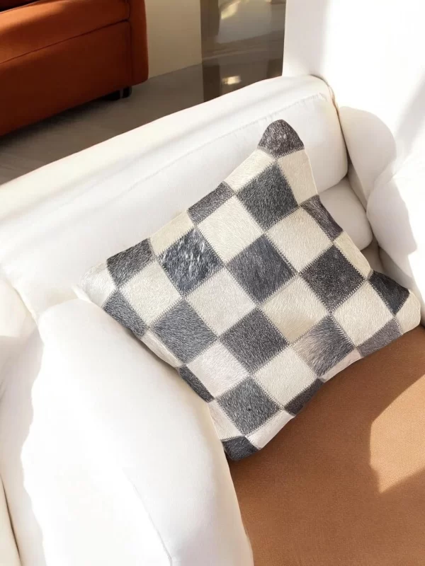 Handmade 17" Square Pillow Cover Cowhide Checkerboard Cushion - Image 3