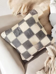 Handmade 17" Square Pillow Cover Cowhide Checkerboard Cushion