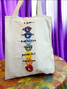 Handmade Chakra Affirmation Tote Bag – Natural Canvas with Colorful Embroidery, Collectible & Spiritual