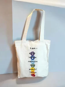 Handmade Chakra Affirmation Tote Bag – Natural Canvas with Colorful Embroidery, Collectible & Spiritual