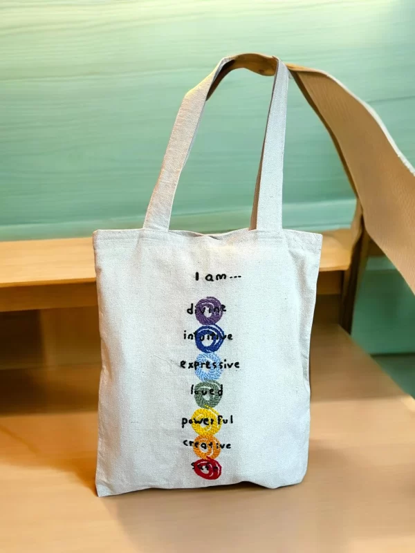 Handmade Chakra Affirmation Tote Bag – Natural Canvas with Colorful Embroidery, Collectible & Spiritual - Image 4