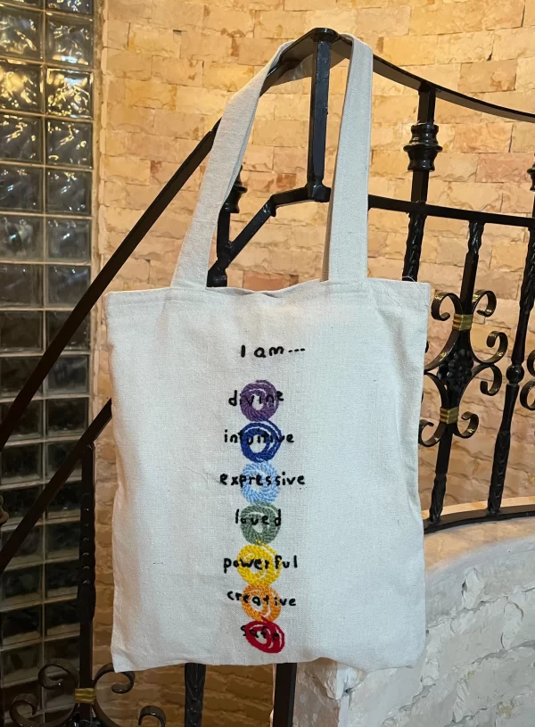 Handmade Chakra Affirmation Tote Bag – Natural Canvas with Colorful Embroidery, Collectible & Spiritual - Image 3