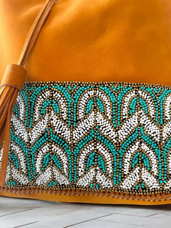 Handmade Tan Leather Backpack with Beaded Egyptian Design - Image 4