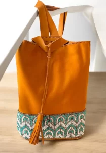 Handmade Tan Leather Backpack with Beaded Egyptian Design