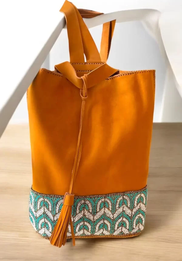 Handmade Tan Leather Backpack with Beaded Egyptian Design