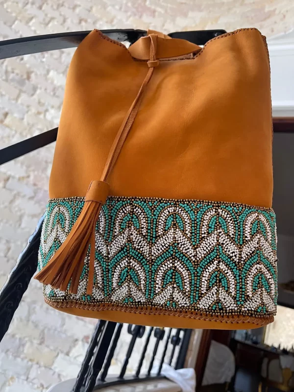 Handmade Tan Leather Backpack with Beaded Egyptian Design - Image 3
