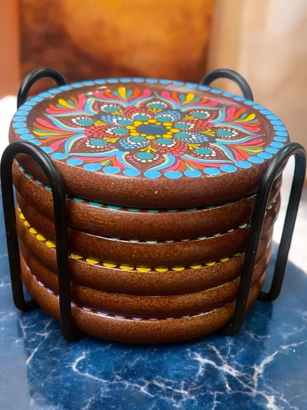 Set of 6 Handmade Mandala Coasters with Storage - Image 2