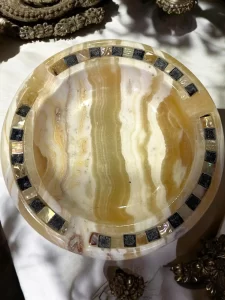 Handmade Alabaster Ashtray with Mother of Pearl Inlay