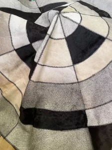 Black, White & Silver Cowhide Round Patchwork Rug – 50” Handmade Leather