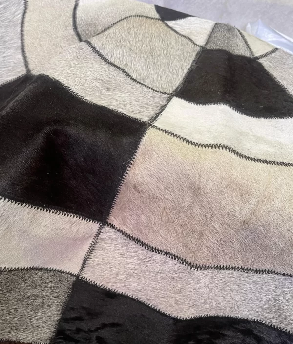 Black, White & Silver Cowhide Round Patchwork Rug – 50” Handmade Leather - Image 4