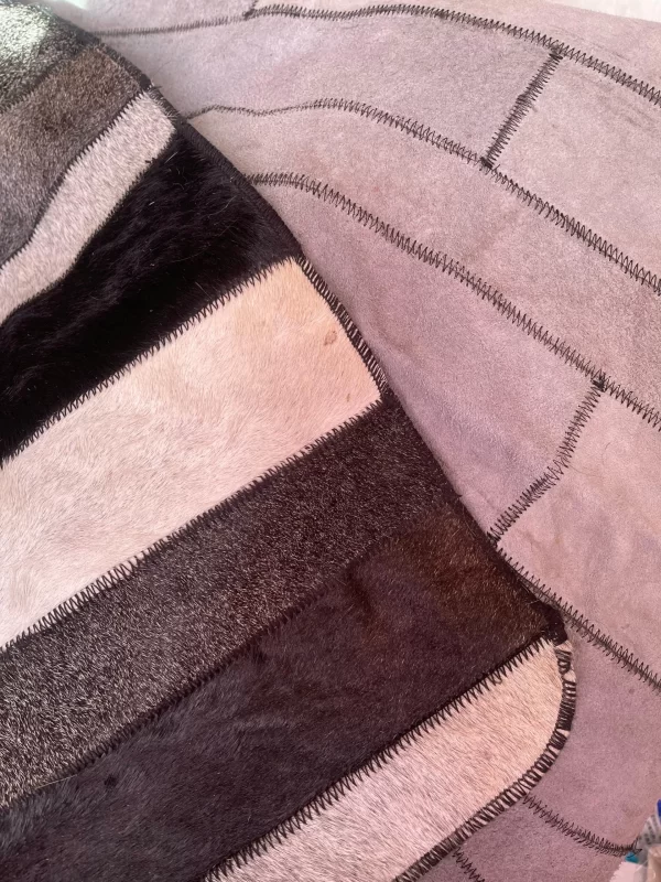 Handmade 10FT x 6FT Leather Stripe Patchwork Rug – Genuine Cowhide in Gray & Silver - Image 6