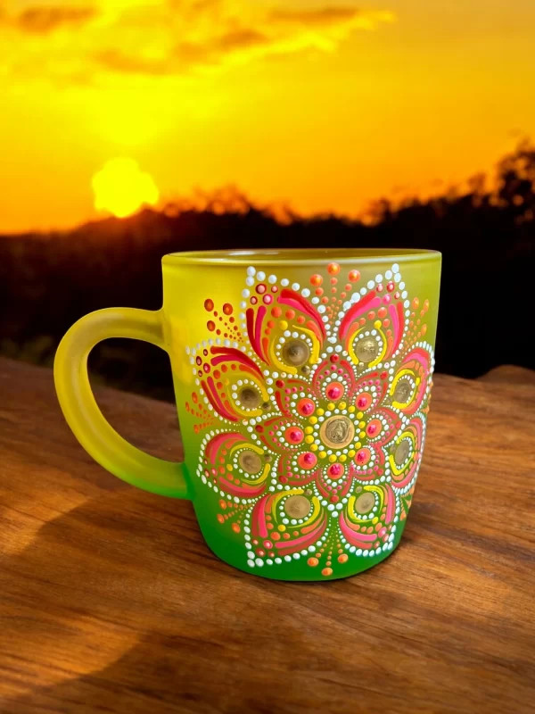 Handcrafted Golden Sunrise Mug with Vibrant Dot Mandala Design - Image 3