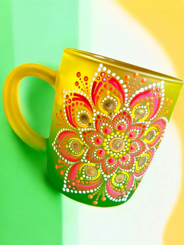 Handcrafted Golden Sunrise Mug with Vibrant Dot Mandala Design - Image 4