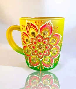 Handcrafted Golden Sunrise Mug with Vibrant Dot Mandala Design