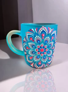 Handcrafted frosted Turquoise Mug with Vibrant Dot Mandala Design