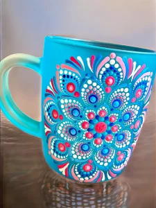 Handcrafted frosted Turquoise Mug with Vibrant Dot Mandala Design