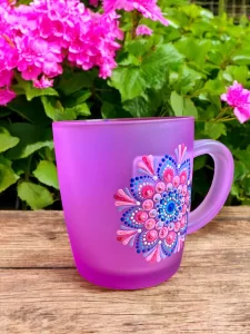 Handcrafted frosted purple Mug with Vibrant Dot Mandala Design
