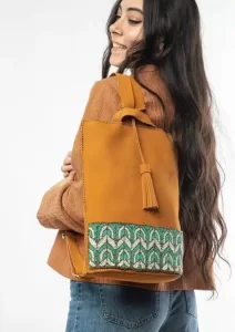 Handmade Tan Leather Backpack with Beaded Egyptian Design