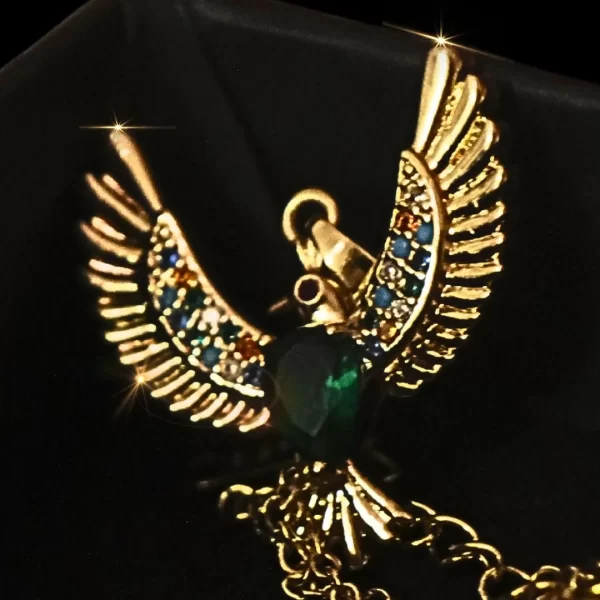 Elegant Phoenix Bird Necklace with Green Center Stone and Colorful Zirconias