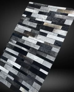 Handmade 10FT x 6FT Leather Stripe Patchwork Rug – Genuine Cowhide in Gray & Silver
