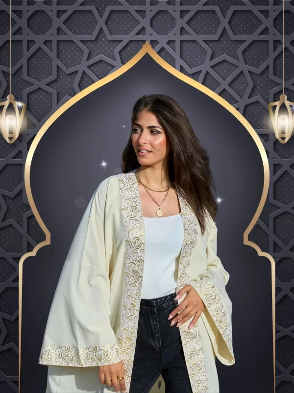 THICK ARABIC LETTERS KAFTAN crème with gold Embroidery calligraphy - Image 3