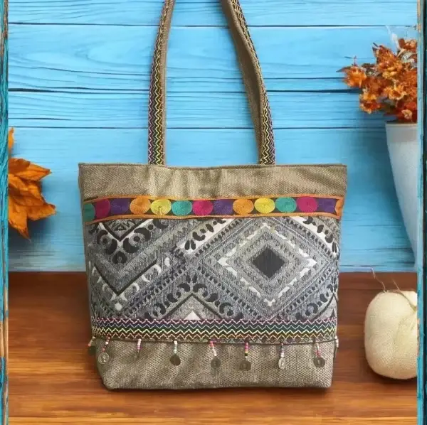 Handmade Geometric Hemp & Burlap Tote Bag with Beaded Tassels
