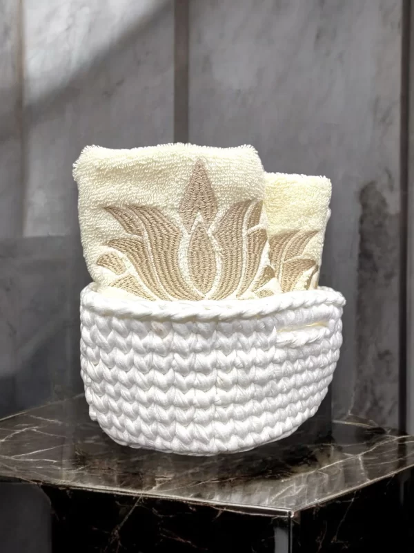 Set of 6 Face Towels with Lotus Embroidery in Handmade Crochet Basket