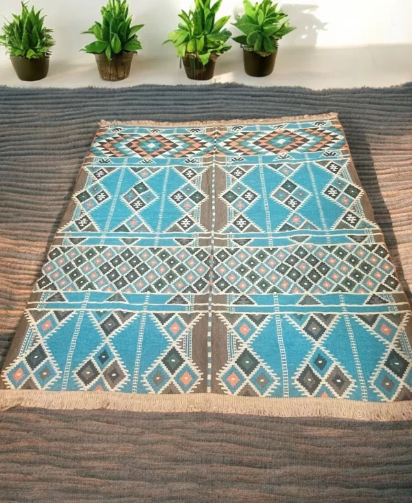 Egyptian Bedouin Kilim Rug - Turquoise Geometric Design - Image 3