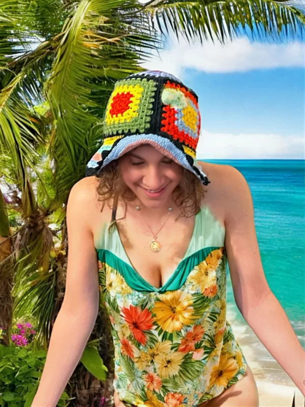 Handmade Crochet Bucket Hat for Women - Multicolor Plaid Design - Image 3