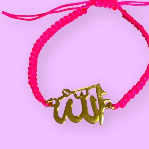 Gold-Plated Allah Charm Bracelet with Pink Braided Cord