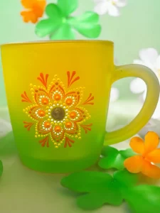 Handcrafted Golden Sunrise Mug with Vibrant Dot Mandala Design