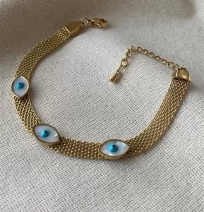 Gold Evil Eye Bracelet with Mesh Chain