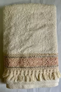 Elegant Cream 100% Egyptian Cotton Hand Towel with Pink Crochet Lace Trim