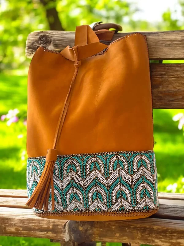 Handmade Tan Leather Backpack with Beaded Egyptian Design - Image 5